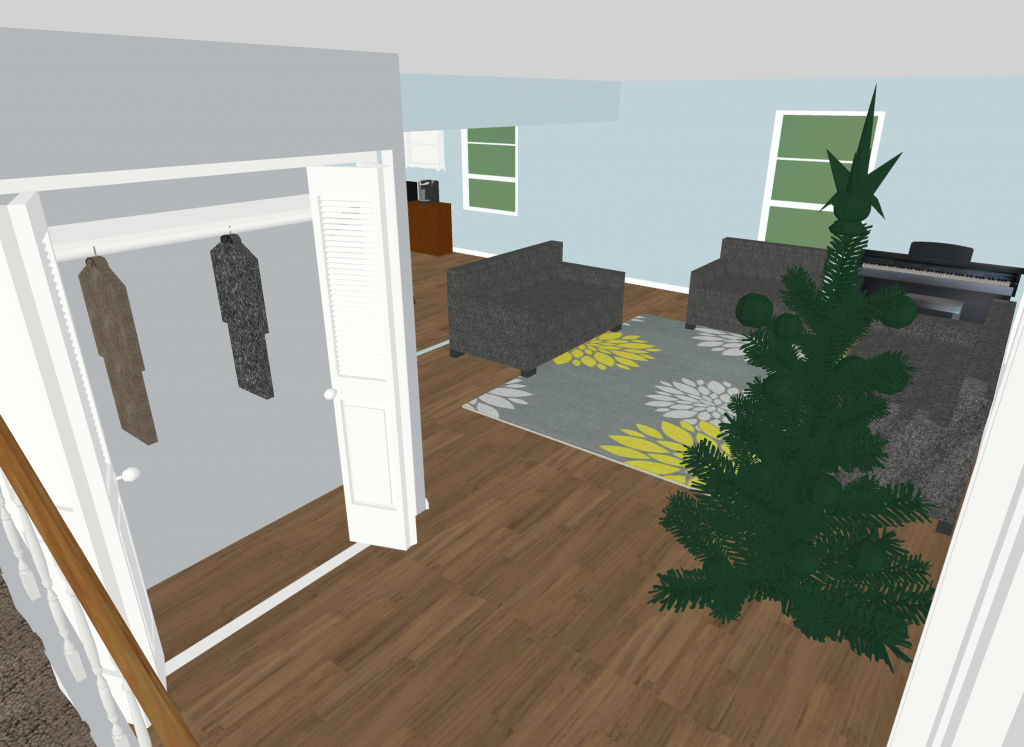 The planned renovations to the entryway, with a coat closet on the front and the small wall removed between the entry and the living room.